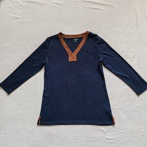Lauren Ralph Lauren Navy Blue V-Neck Top Brown Faux Suede Trim Women’s Size L